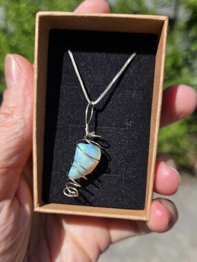 Single Silver Wrapped Ethiopian Opal Necklace On Silver Chain